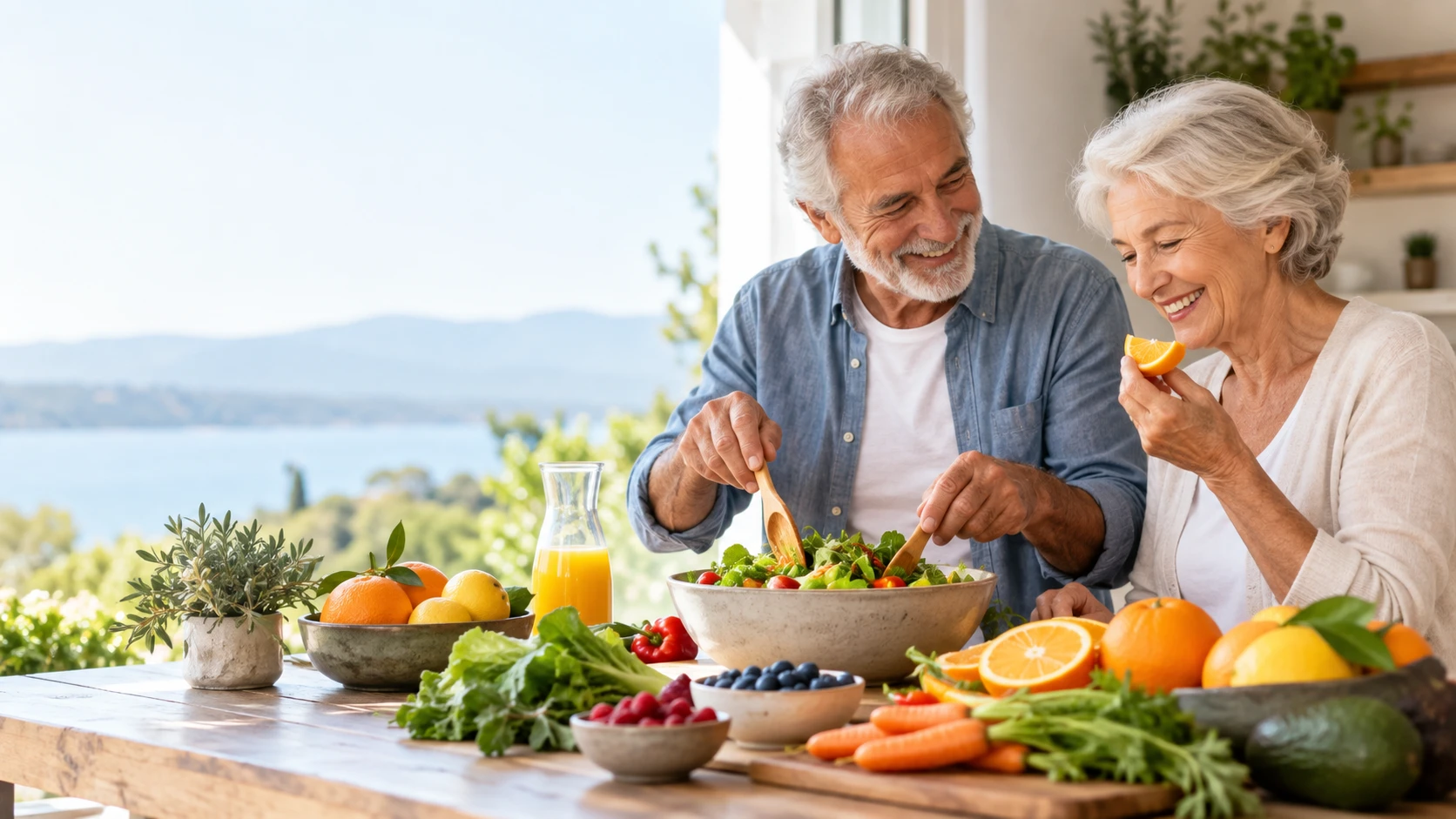 Casal preparando uma salada com frutas e verduras na varanda