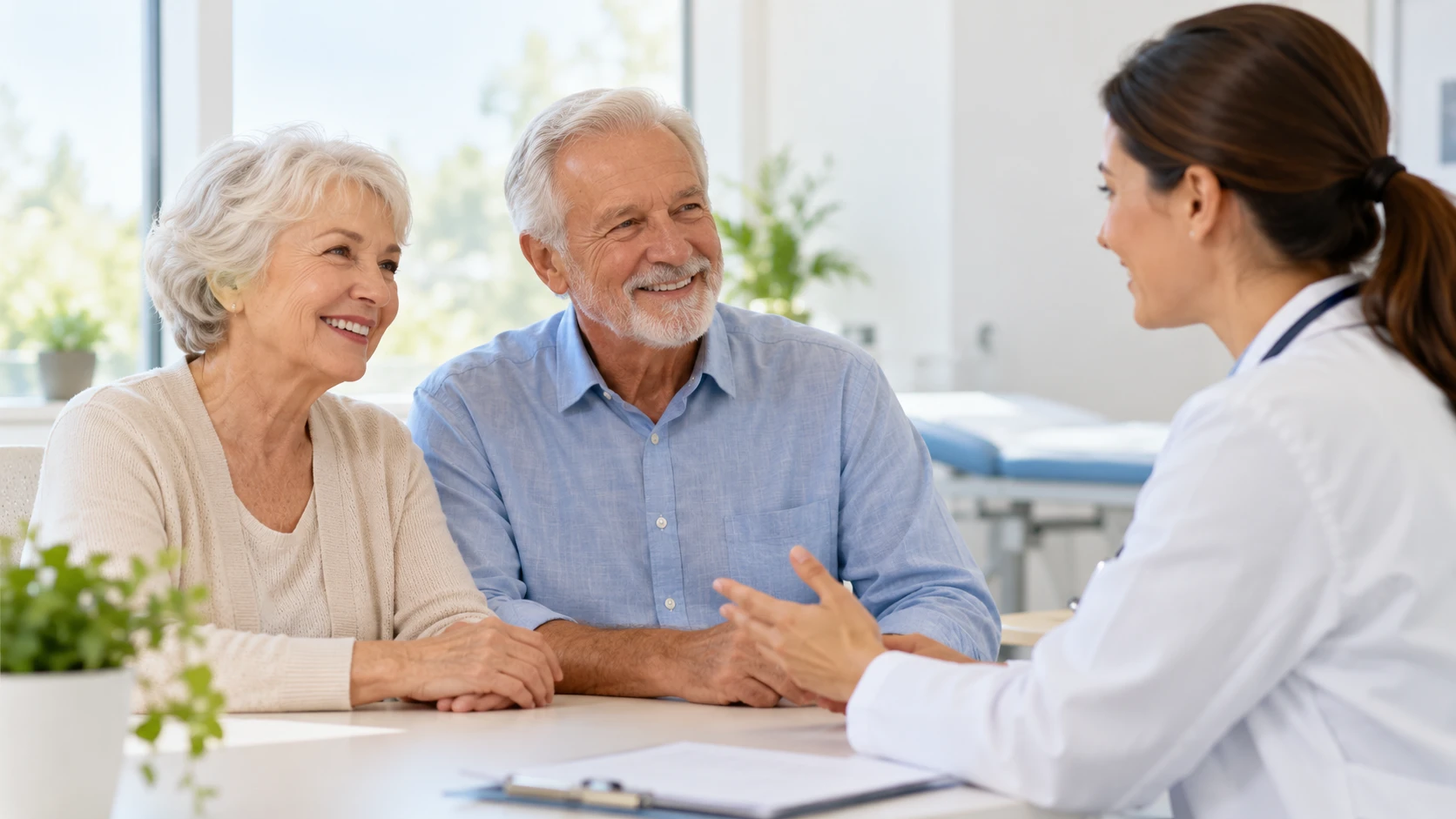 Casal conversando com a médica no consultório
